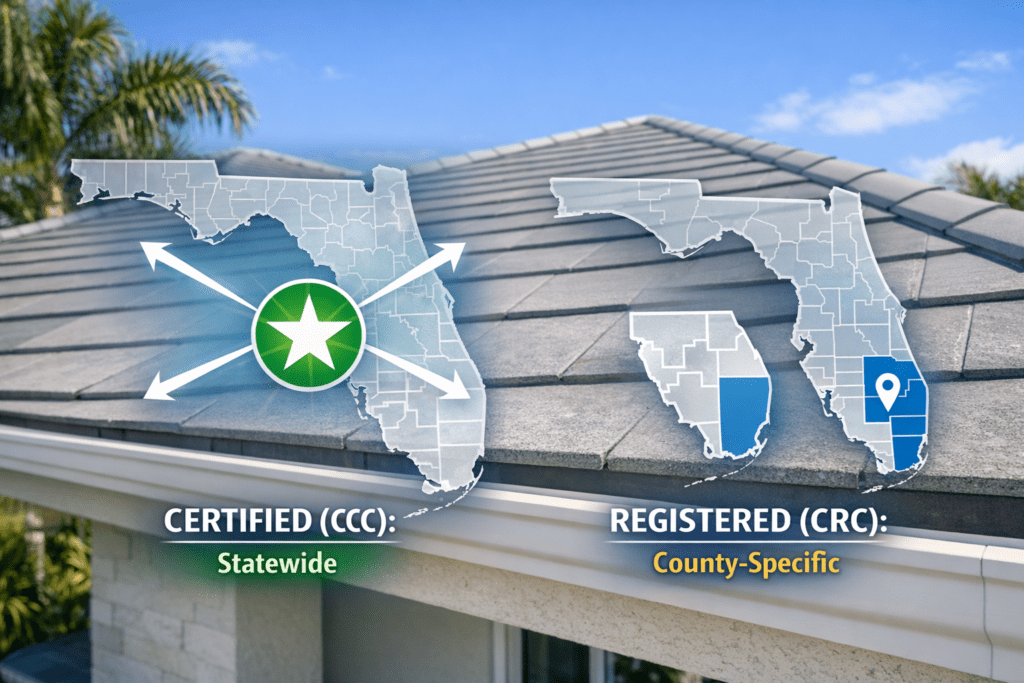 Two maps of Florida on a rooftop background: the left map is labeled "Certified (CCC): Statewide" with arrows pointing across the state; the right map shows highlighted counties labeled "Registered (CRC): County-Specific.