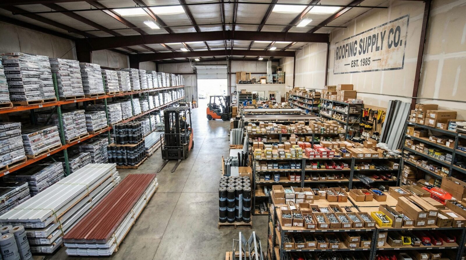 Warehouse with stacked roofing materials showing supply chain bottlenecks