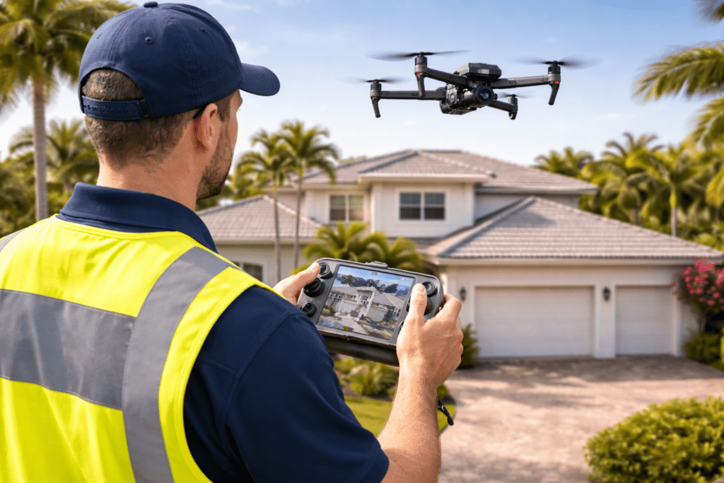 A man in a reflective vest and cap operates a drone with a remote control in front of a large, modern house with a driveway and palm trees in the background.