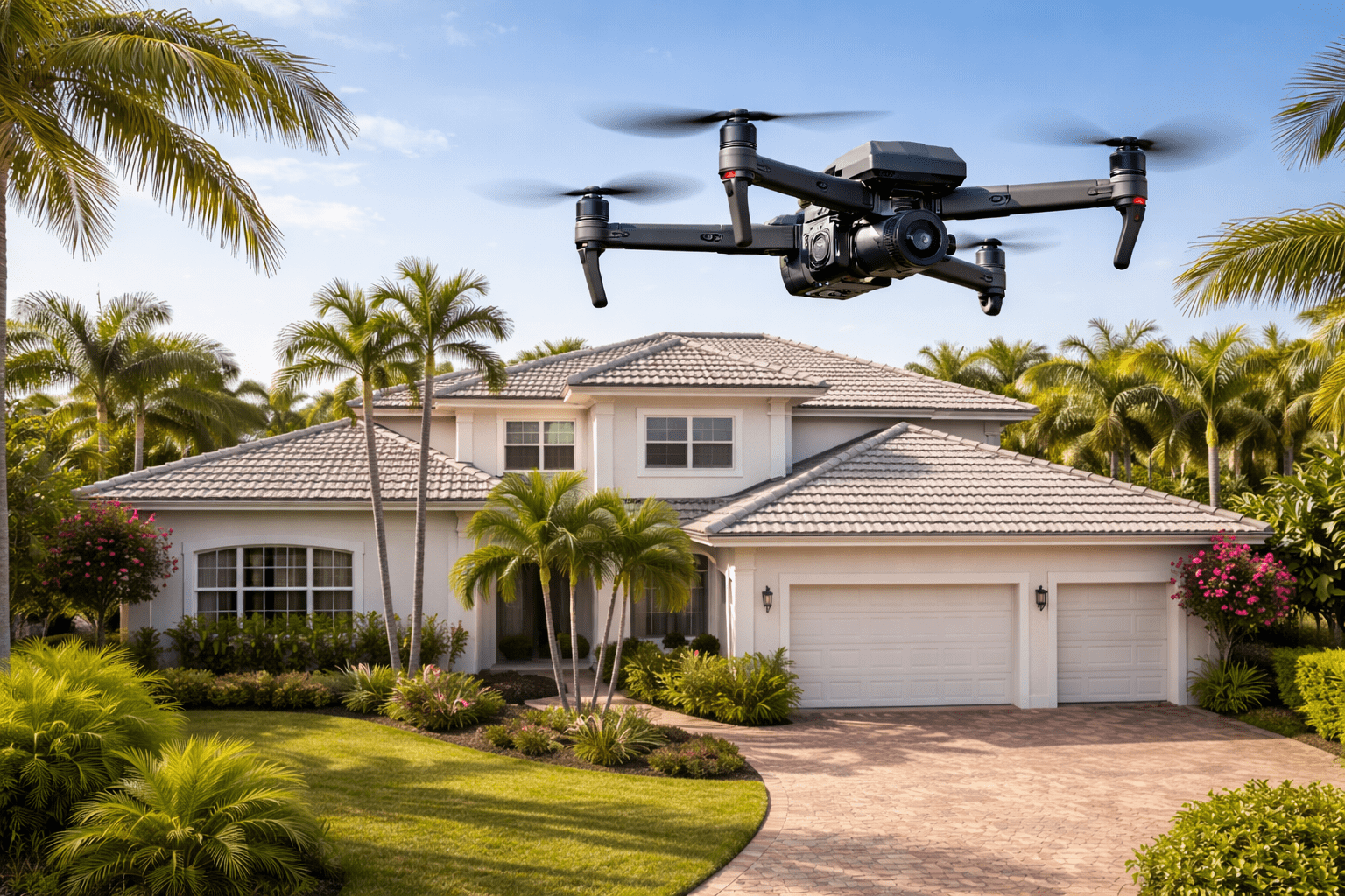 A drone hovers in front of a large, modern house with a tile roof, three-car garage, and tropical landscaping on a sunny day.