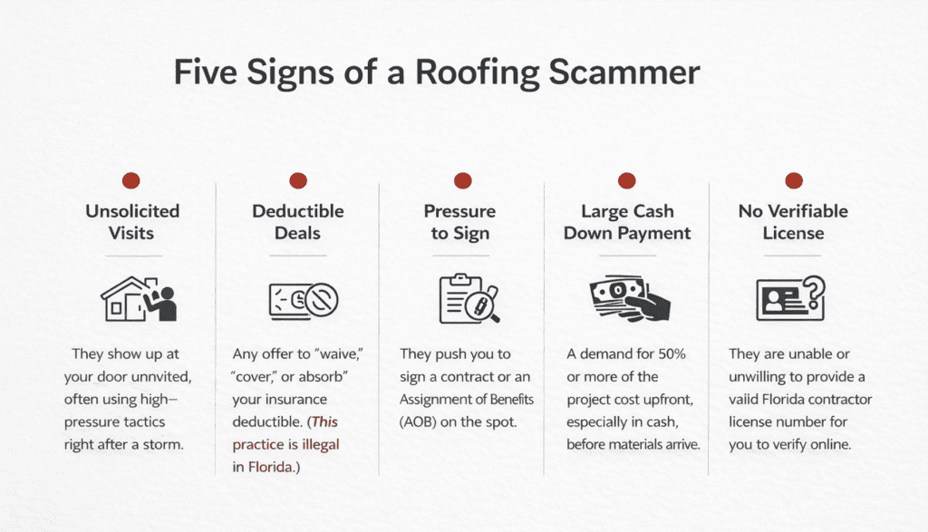 Infographic titled "Five Signs of a Roofing Scammer" with icons and text listing: unsolicited visits, deductible deals, pressure to sign, large cash down payment, and no verifiable license.