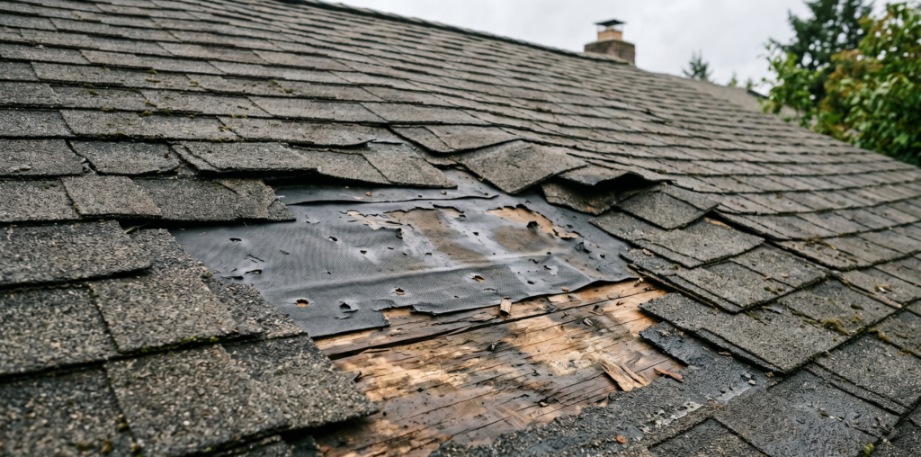 A damaged asphalt shingle roof with missing and cracked shingles, exposing the underlying black felt and wooden roof decking, indicating the need for repair. Trees and a chimney are visible in the background.