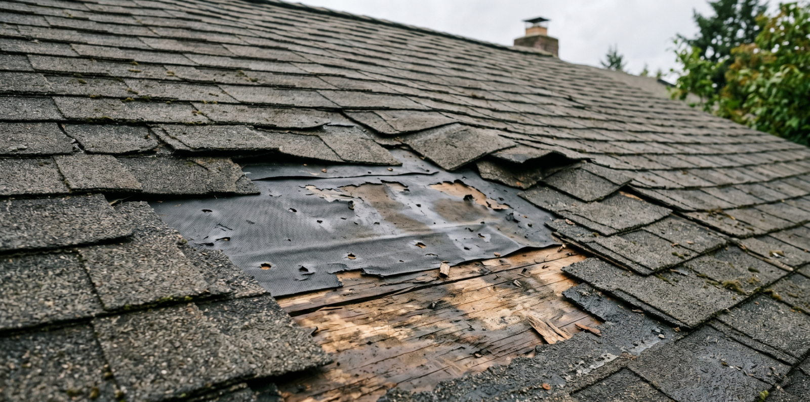 A damaged asphalt shingle roof with missing and cracked shingles, exposing the underlying black felt and wooden roof decking, indicating the need for repair. Trees and a chimney are visible in the background.