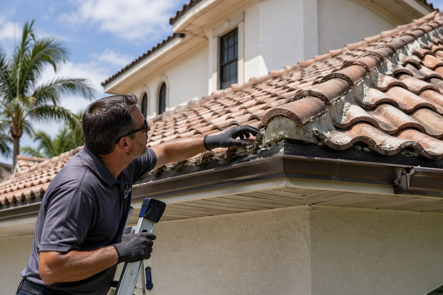 A person wearing gloves stands on a ladder, inspecting and repairing damaged clay roof tiles on a house with white walls, under a blue sky with palm trees in the background.