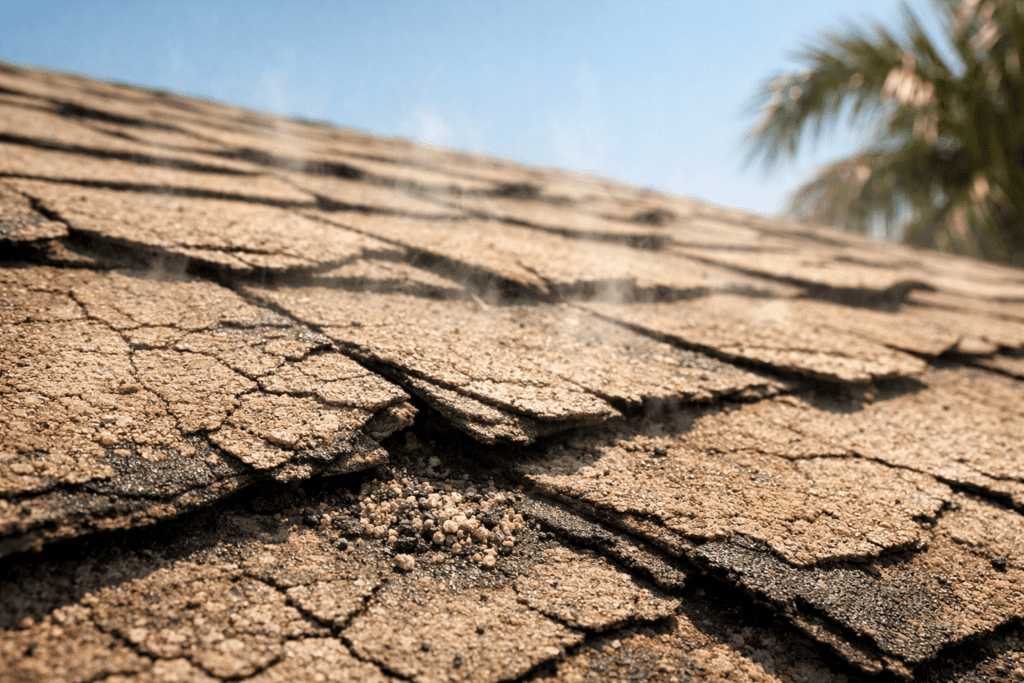 Close-up of an asphalt shingle roof with severe heat damage; shingles are cracked, curling, and peeling, with visible granules missing. A palm tree and blue sky are blurred in the background.