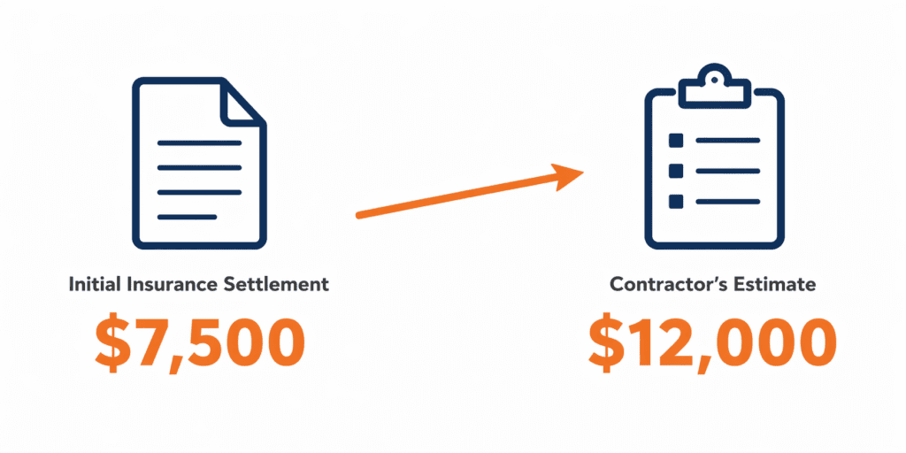 An icon of a document labeled "Initial Insurance Settlement $7,500" connects with an arrow to a clipboard icon labeled "Contractor’s Estimate $12,000.