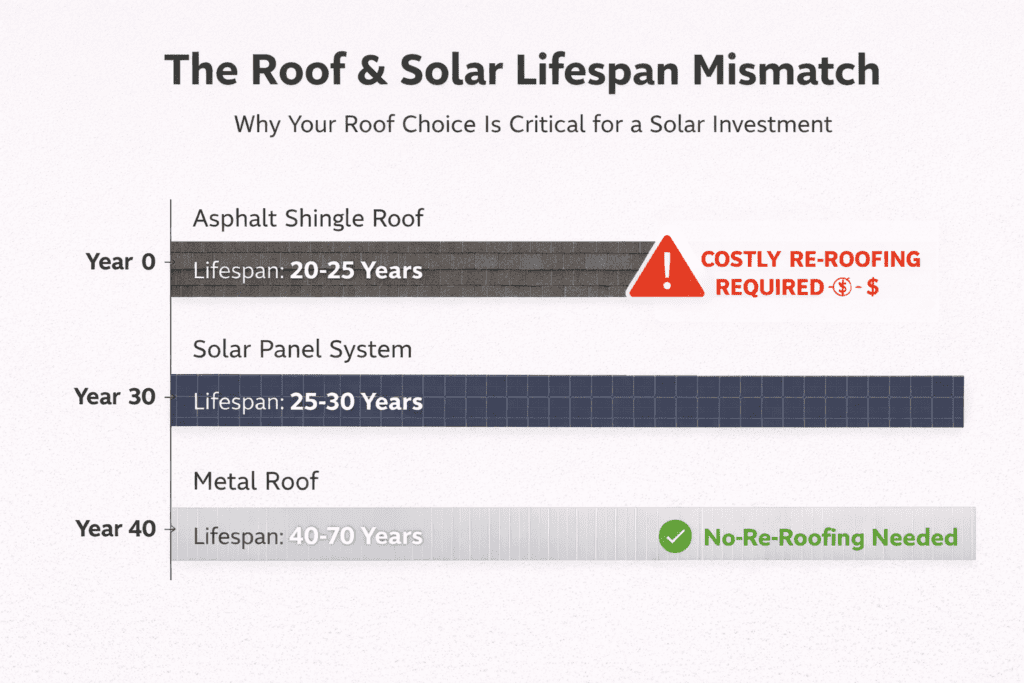 A chart compares lifespans: asphalt shingle roof lasts 20-25 years with costly re-roofing required, solar panel system lasts 25-30 years, and metal roof lasts 40-70 years with no re-roofing needed.