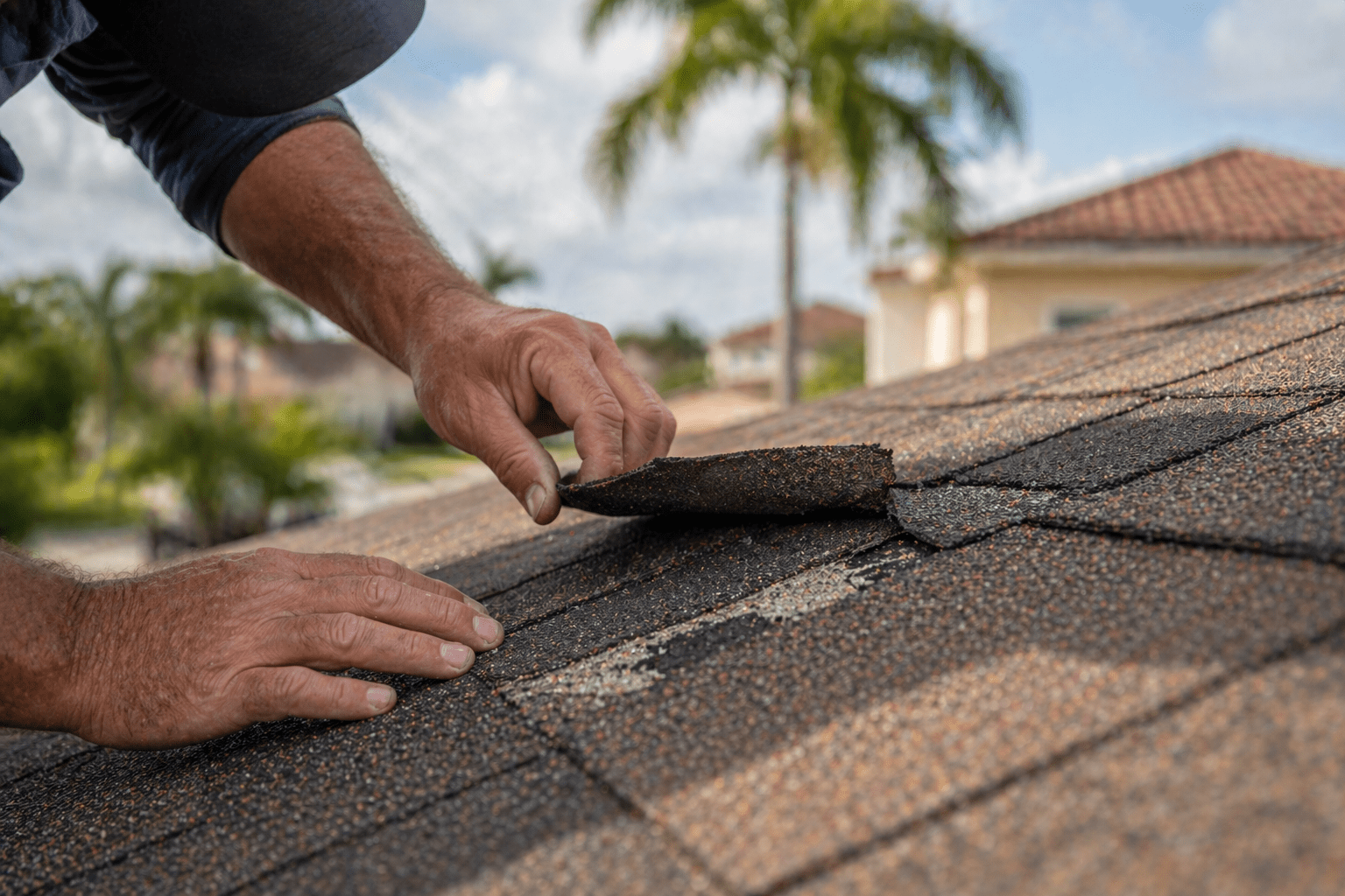 A person lifts a damaged roof shingle on a house, inspecting it for repairs. The background shows palm trees and neighboring homes under a partly cloudy sky.