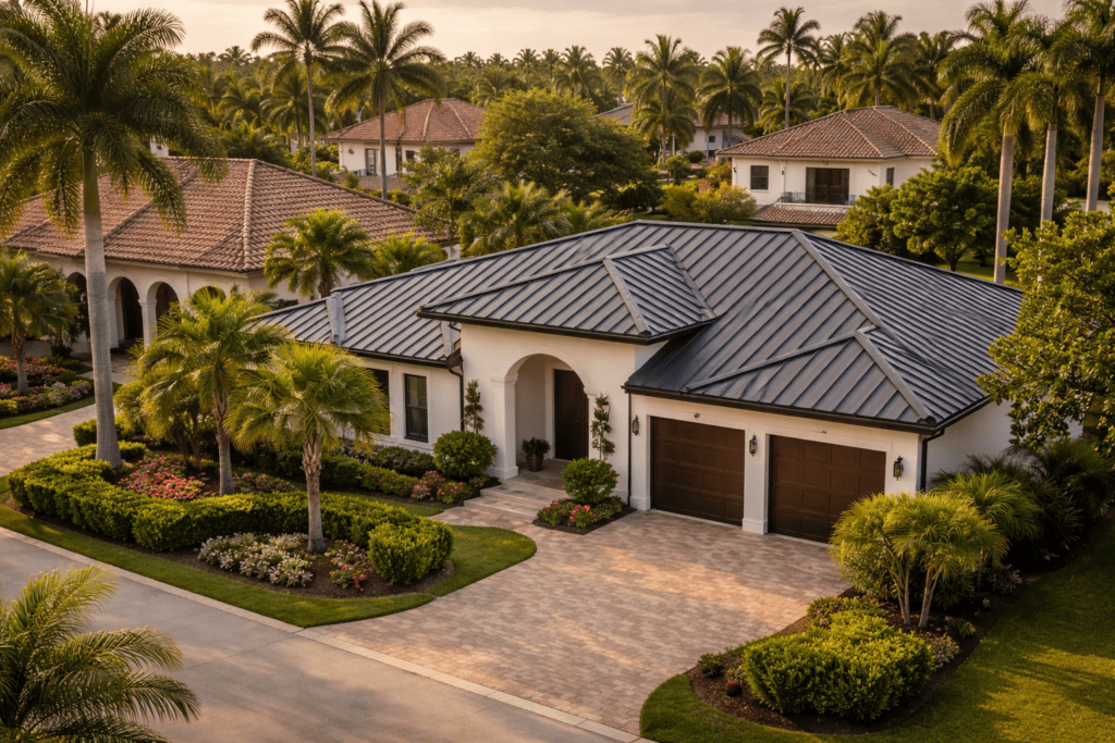A modern, single-story house with a dark metal roof, white exterior, two-car garage, and manicured landscaping, surrounded by palm trees and similar homes in a tropical neighborhood at sunset.