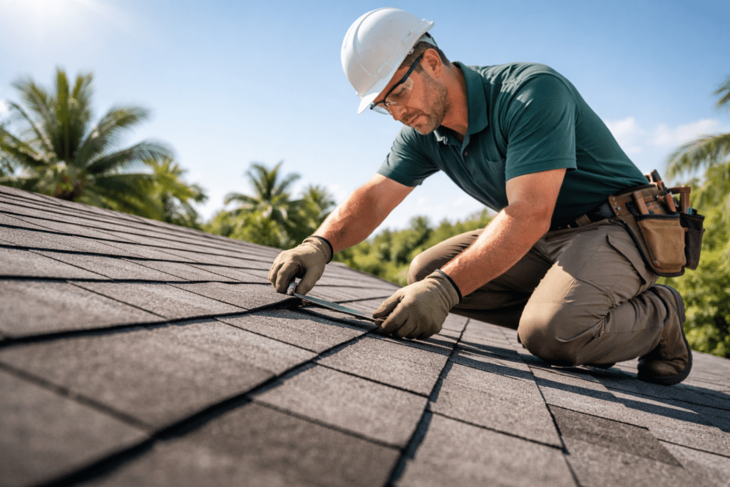 A construction worker wearing a hard hat and gloves installs asphalt shingles on a rooftop, surrounded by palm trees and under a clear, sunny sky.