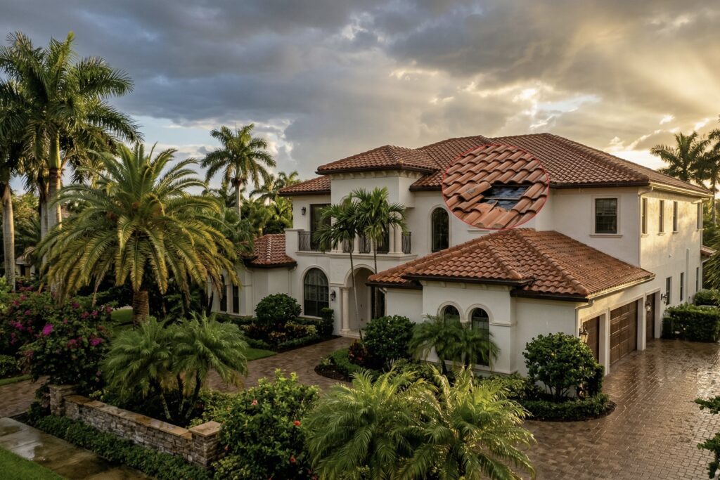 A large, elegant house with a red-tiled roof surrounded by lush tropical landscaping and palm trees, set against a dramatic sky with sunlight breaking through clouds.