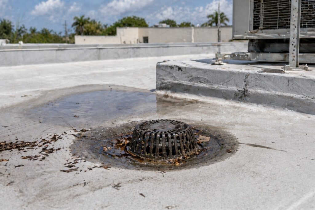 A rooftop drain surrounded by standing water, wet debris, and leaves, next to an HVAC unit. The sky is partly cloudy, and buildings and trees are visible in the background.