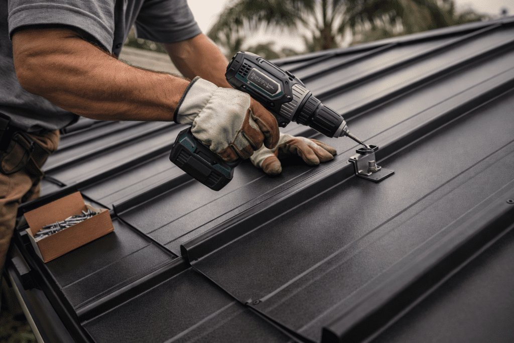 A person wearing gloves uses a power drill to fasten a bracket onto a black metal roof. A box of screws sits nearby. Palm trees are visible in the blurred background.