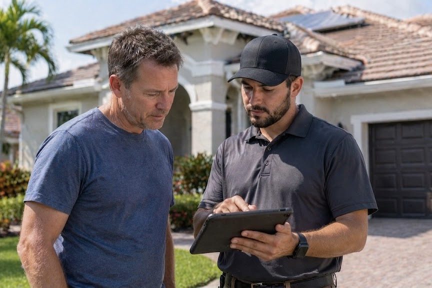 A man in a black cap and polo shirt shows information on a tablet to another man in a blue t-shirt. They are standing outside in front of a modern house with a tile roof and palm trees.