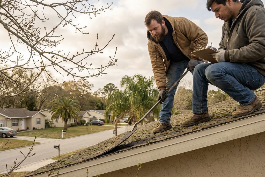 Two men inspecting a house roof; one is lifting damaged shingles with a tool while the other writes notes on a clipboard. Suburban houses and trees are visible in the background.