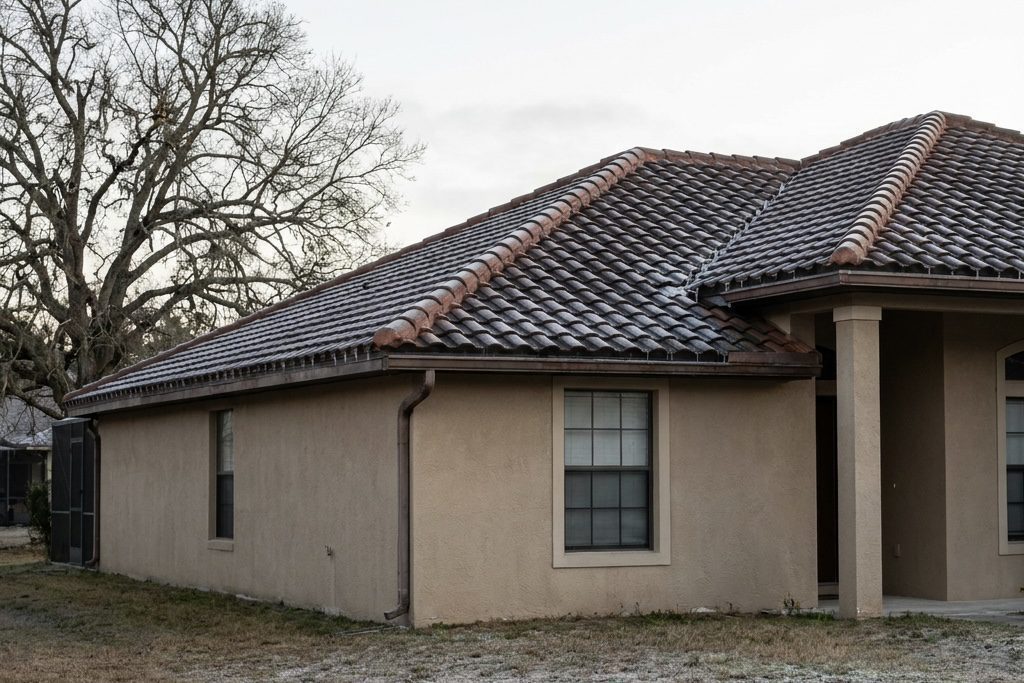 A tan stucco house with dark brown tile roofing, two windows, and a covered entryway. The yard has patchy grass and there is a leafless tree in the background. The sky is overcast.