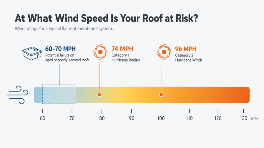 Infographic showing roof wind risk: 60–70 MPH may cause failure in poorly secured roofs, 74 MPH is Category 1 hurricane, 96 MPH is Category 2. A bar shows increasing risk with wind speed.