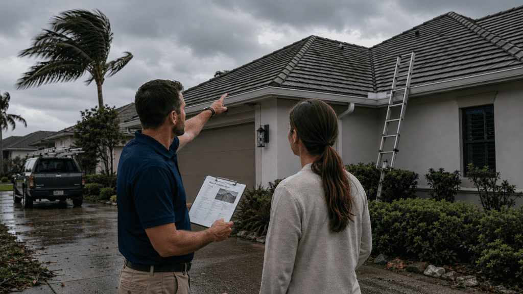 A man holding documents points to the roof of a house while talking to a woman outside. A ladder leans against the house, and debris is scattered on the wet driveway, suggesting recent storm damage.