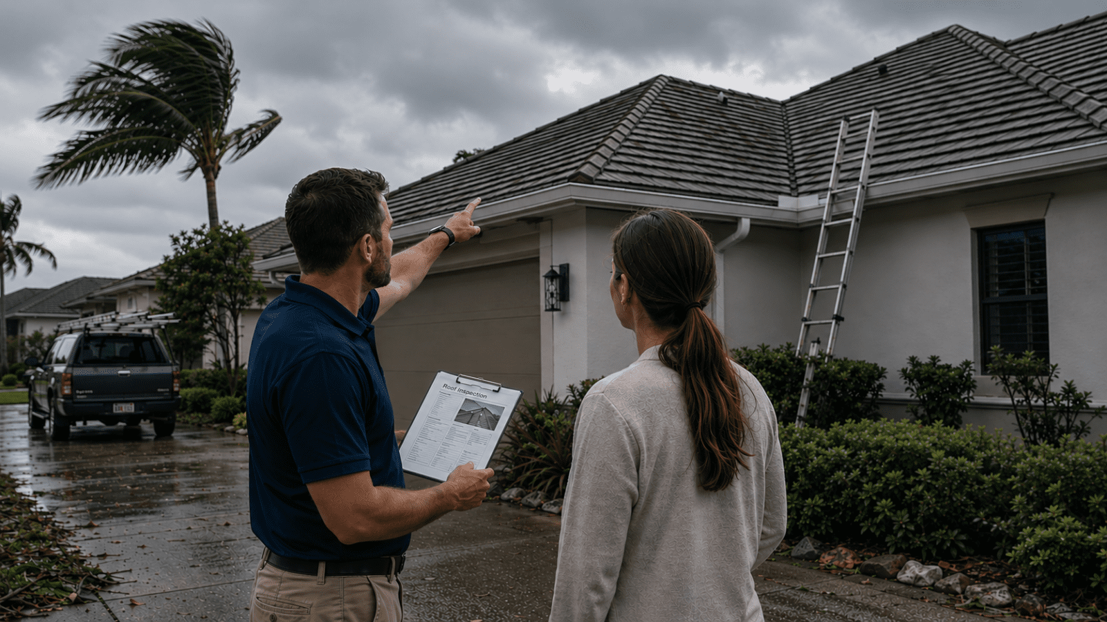 A man holding documents points to the roof of a house while talking to a woman outside. A ladder leans against the house, and debris is scattered on the wet driveway, suggesting recent storm damage.