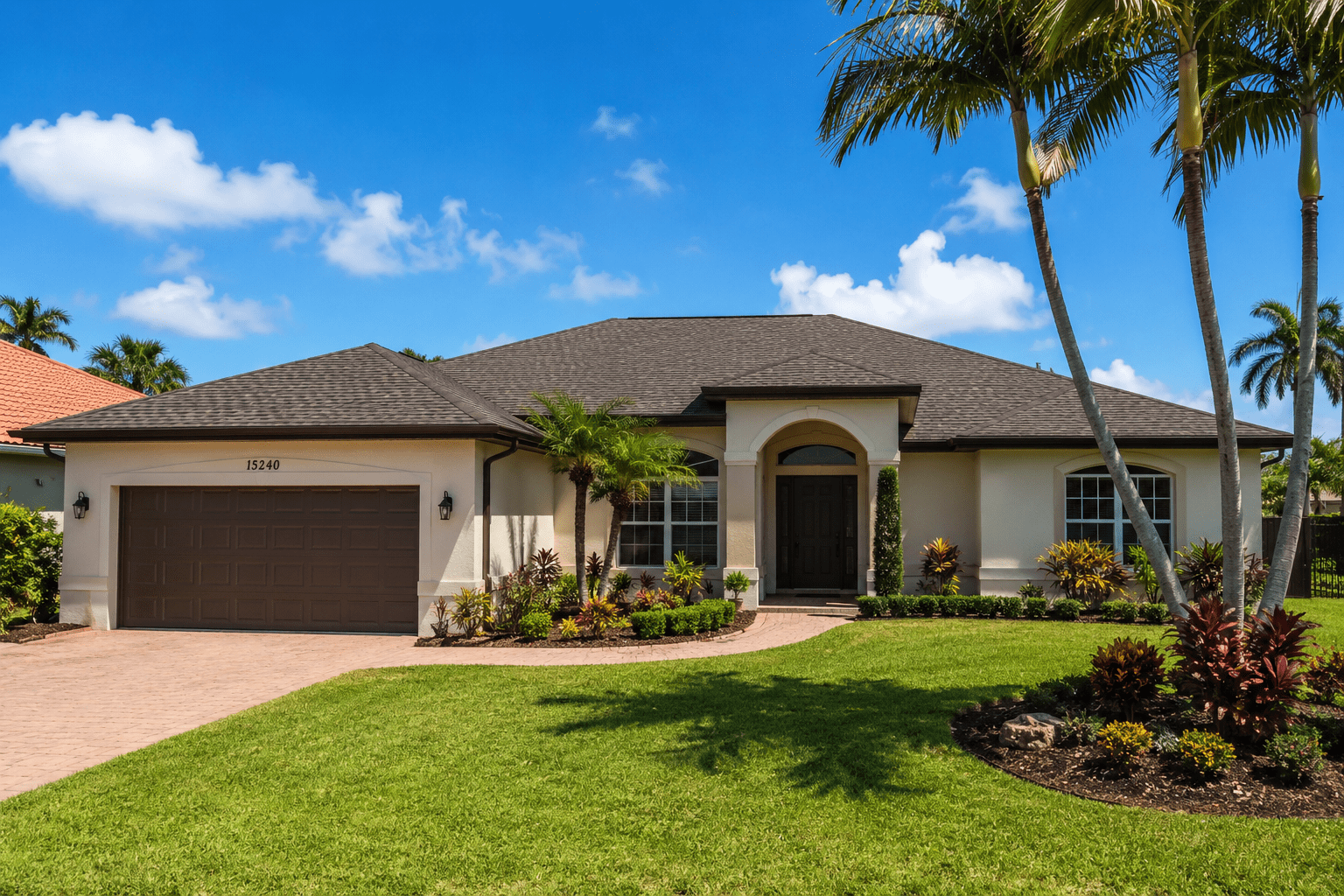 A single-story house with a dark roof, cream-colored walls, and a double garage sits amidst a well-manicured lawn, palm trees, and landscaping under a sunny blue sky.