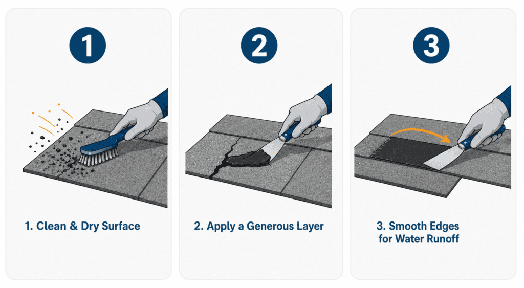 Step-by-step illustration: 1. Hand brushing debris off roof. 2. Hand applying black sealant to crack with a trowel. 3. Hand smoothing sealant edges for water runoff with a trowel.
