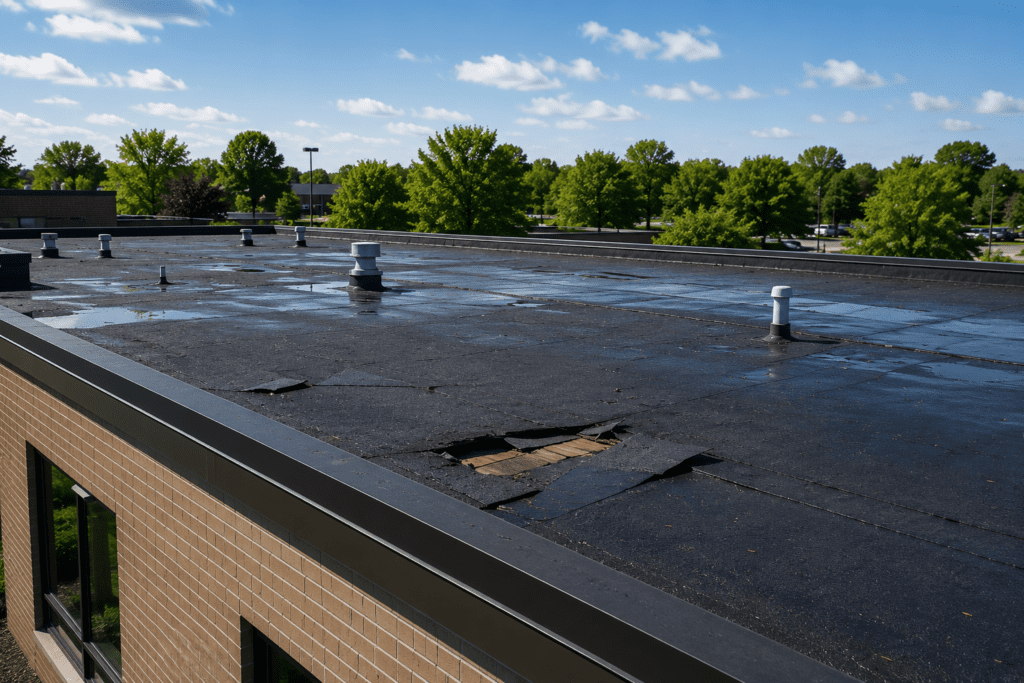 A flat rooftop with black roofing material showing a damaged area where the material is torn, exposing the layer beneath. Several roof vents are visible, and trees and parked cars can be seen in the background.