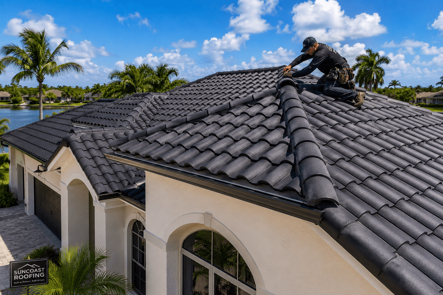 A worker in safety gear installs dark tile roofing on a large, modern house surrounded by palm trees and water. The sky is blue with scattered clouds, and a Suncoast Roofing sign is visible on the lawn below.