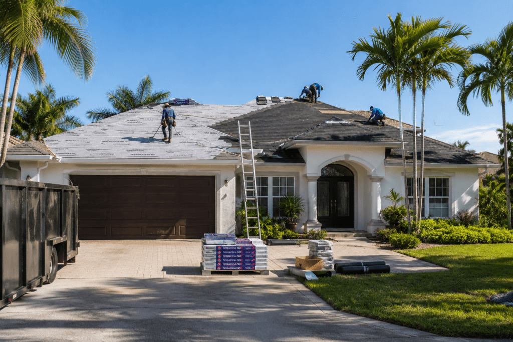 Workers are installing new roofing material on a large white house with palm trees and a two-car garage. Ladders, roofing supplies, and dumpsters are placed around the driveway under a clear blue sky.