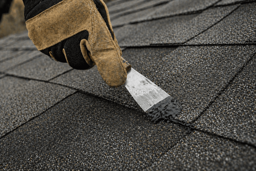 A gloved hand uses a putty knife to apply black roof sealant to a crack in asphalt shingles on a rooftop.