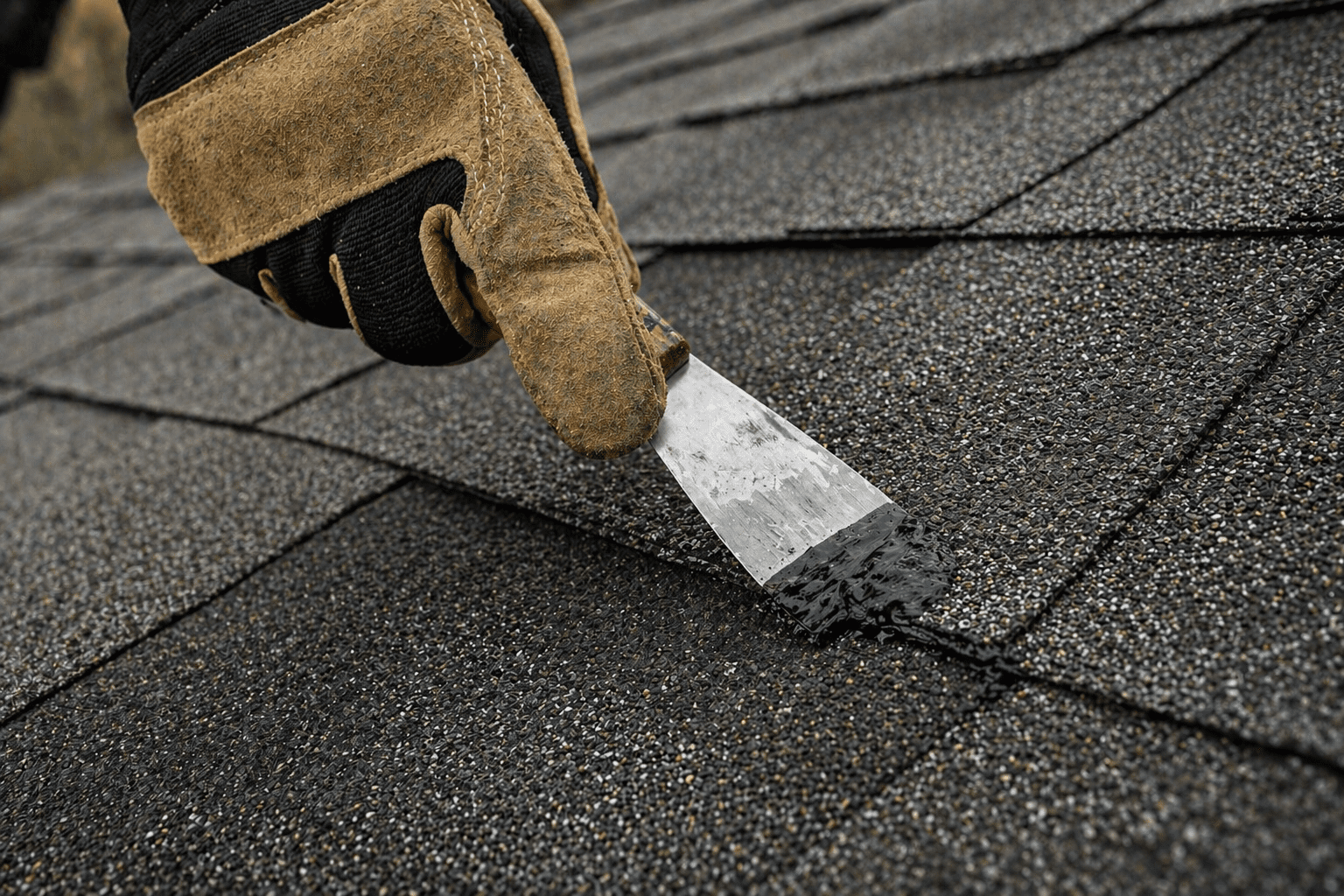 A gloved hand uses a putty knife to apply black roof sealant to a crack in asphalt shingles on a rooftop.