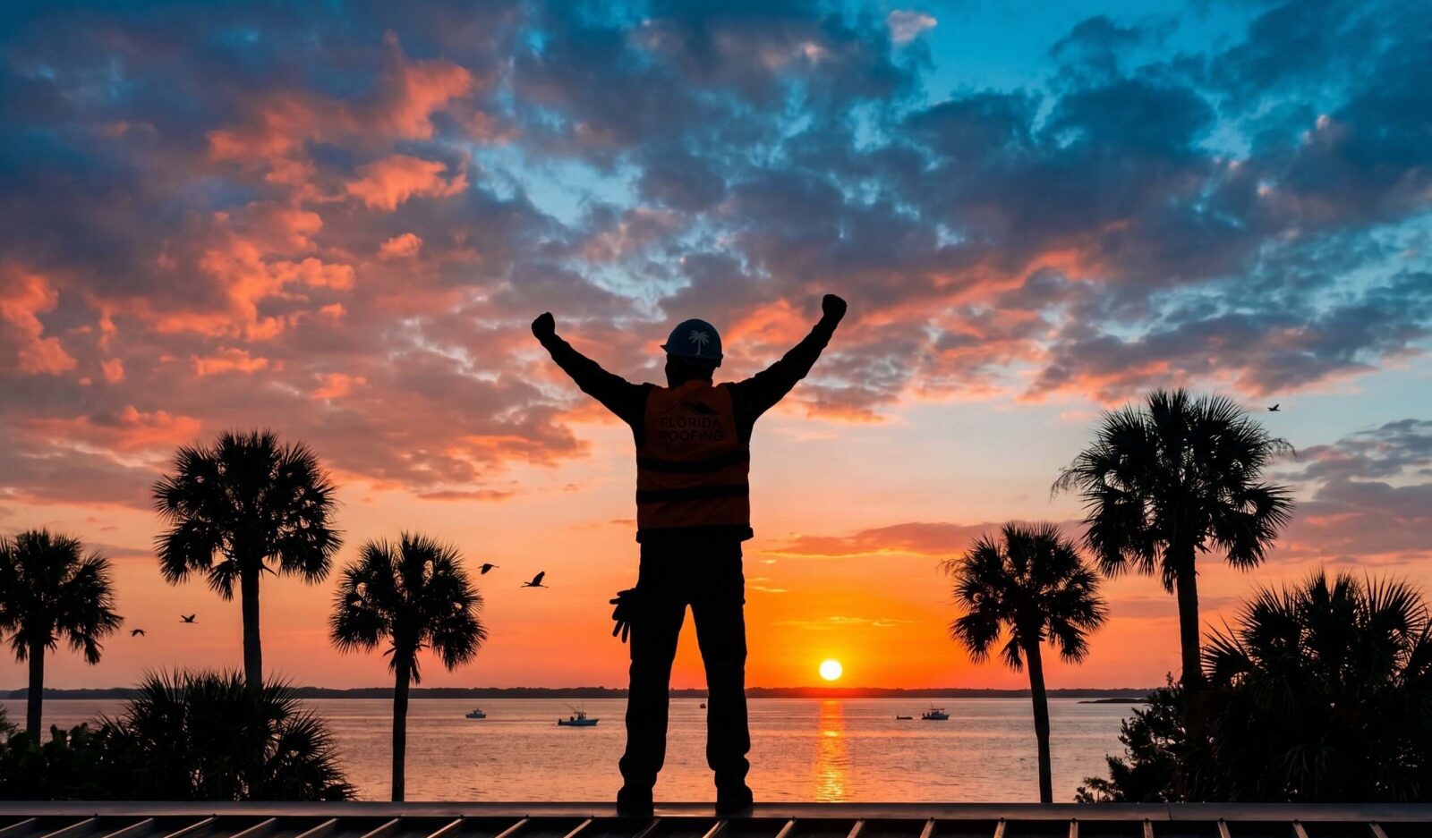 A person in a safety vest and helmet stands with arms raised on a rooftop at sunrise or sunset, silhouetted against a colorful sky with palm trees, birds, and water in the background.