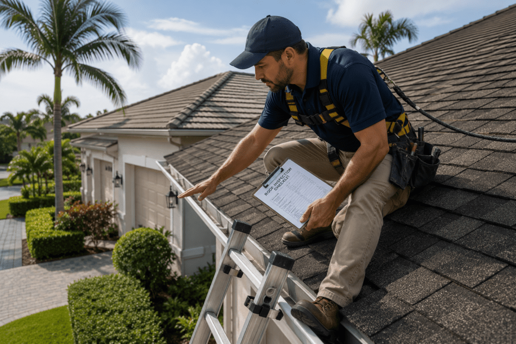 A man in safety gear sits on a house roof, holding a clipboard labeled "Roof Inspection" and inspecting roof shingles near a ladder, with palm trees and a suburban neighborhood in the background.