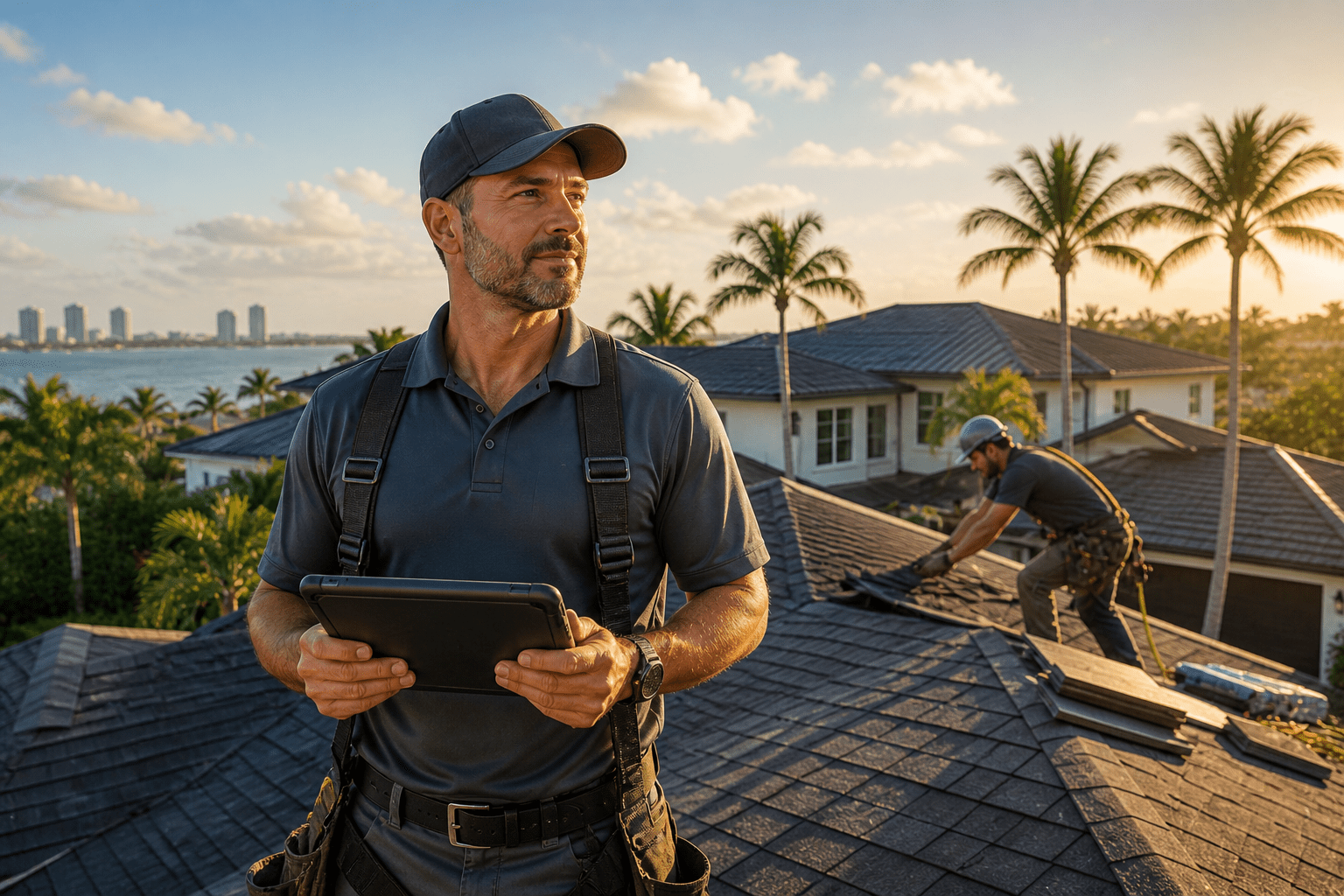 Two men work on a house roof in a tropical setting at sunset; one holds a tablet and wears a harness, while the other installs roofing materials. Palm trees and water are visible in the background.