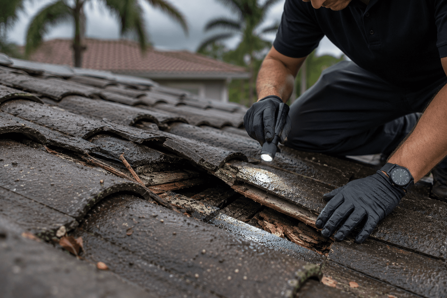 A person wearing gloves inspects broken and damaged roof tiles with a flashlight, revealing rotted wood beneath. Palm trees and a house are visible in the background.