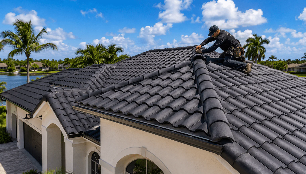 A roofer in a black uniform installs ridge tiles on a dark gray tiled roof.