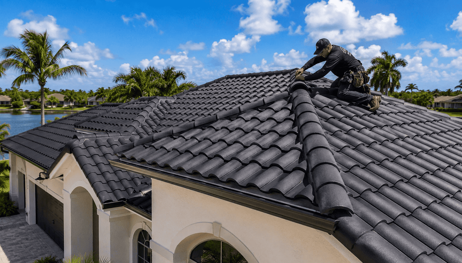A roofer in a black uniform installs ridge tiles on a dark gray tiled roof.