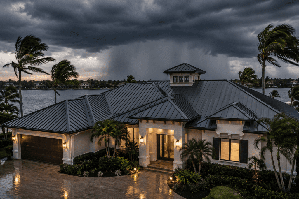 A modern, single-story house with a metal roof and lit exterior, surrounded by palm trees, sits by the water under a dark, stormy sky with heavy clouds and rainfall in the distance.