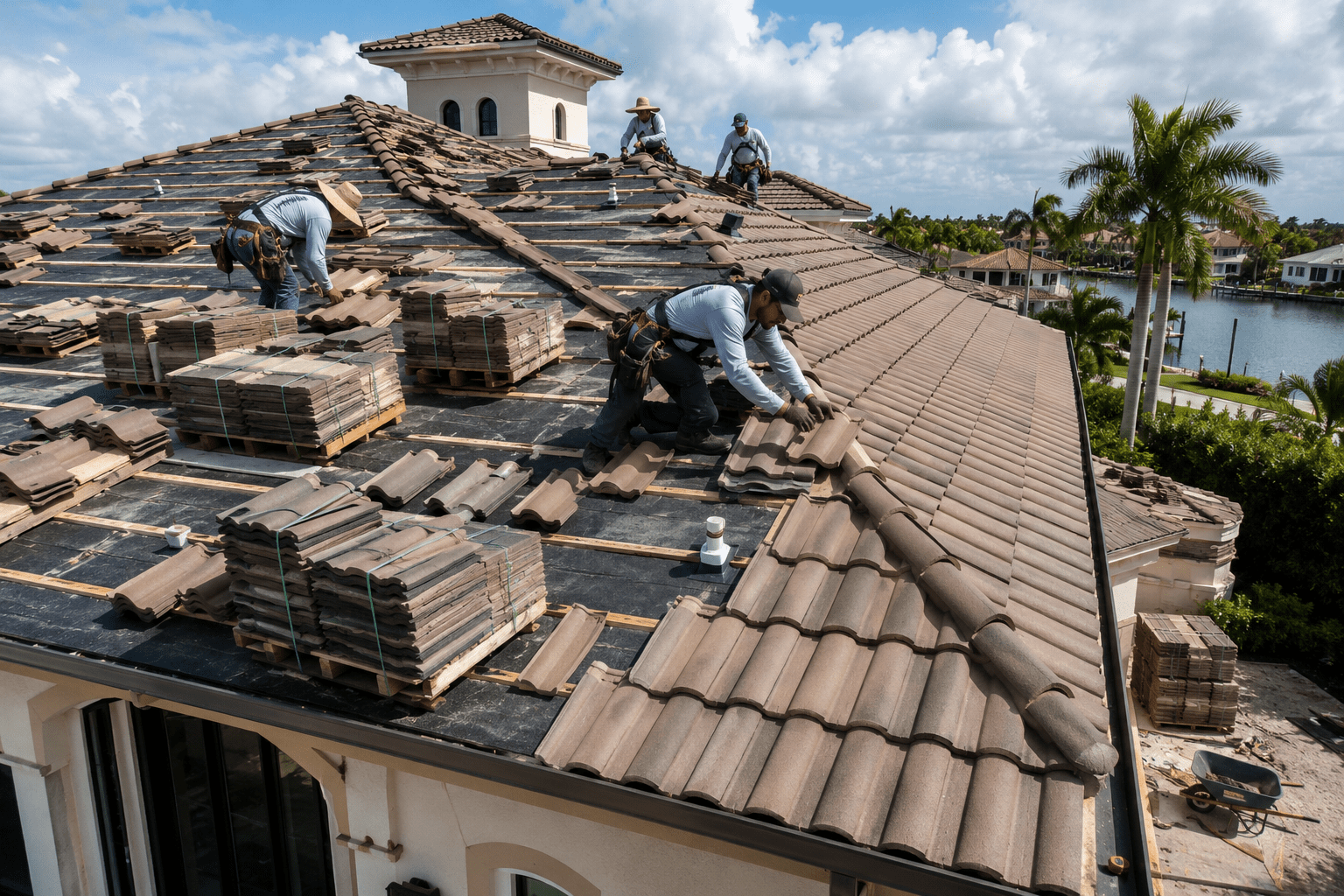 Several workers wearing protective gear are installing clay roof tiles on a large, multi-story house near water and palm trees on a sunny day. Stacks of tiles are laid out across the roof.