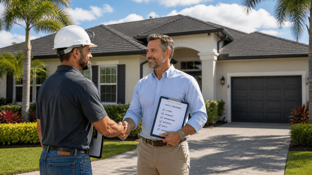 A contractor in a hard hat shakes hands with a smiling homeowner in front of a modern house. The homeowner holds a clipboard with a checklist labeled "Quality Assurance." Palm trees and landscaping are visible in the background.