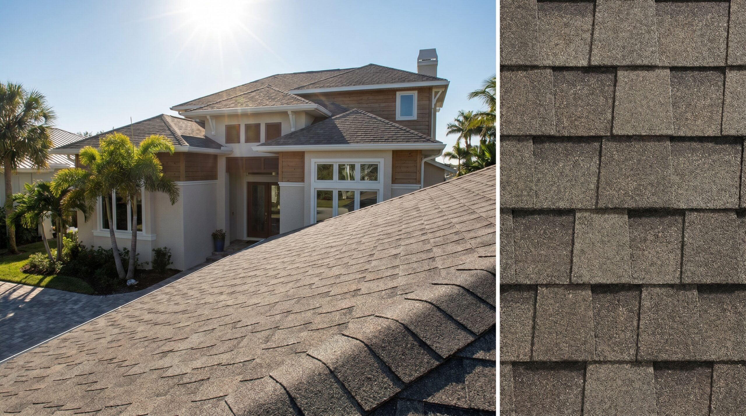 Florida home with new architectural shingles showing dimensional texture and shadow lines