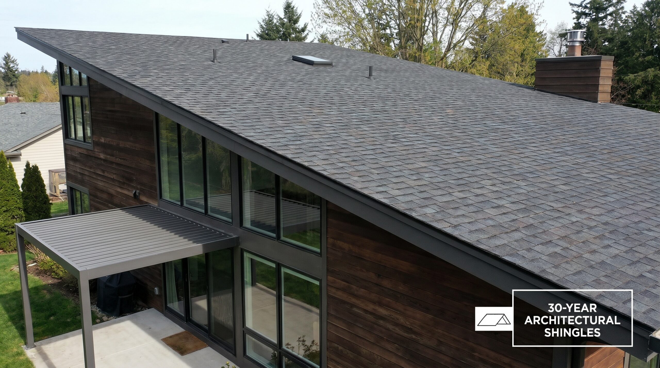 A modern house with dark wood siding and large windows is topped with gray architectural shingles. A small awning shades the entry, and trees surround the property. Text reads: "30-Year Architectural Shingles.