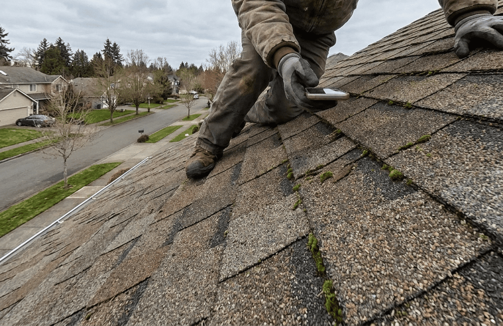 A person in work clothes and gloves inspects roof shingles for moss and damage, using a tool while kneeling on a sloped rooftop in a residential neighborhood.