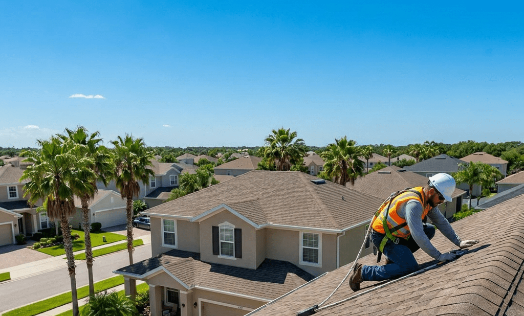A worker wearing a safety vest and helmet repairs shingles on a residential roof in a suburban neighborhood with palm trees and clear blue sky in the background.