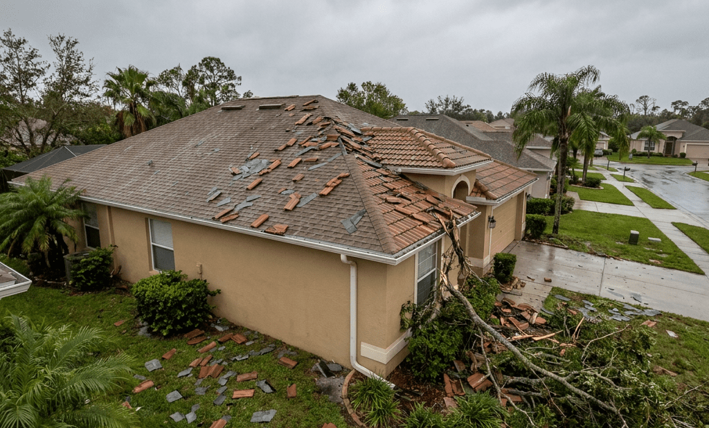 A beige house with roof tiles missing and scattered on the ground after a storm. A large tree branch has fallen onto the roof, and the street and surrounding lawns appear wet from rain.