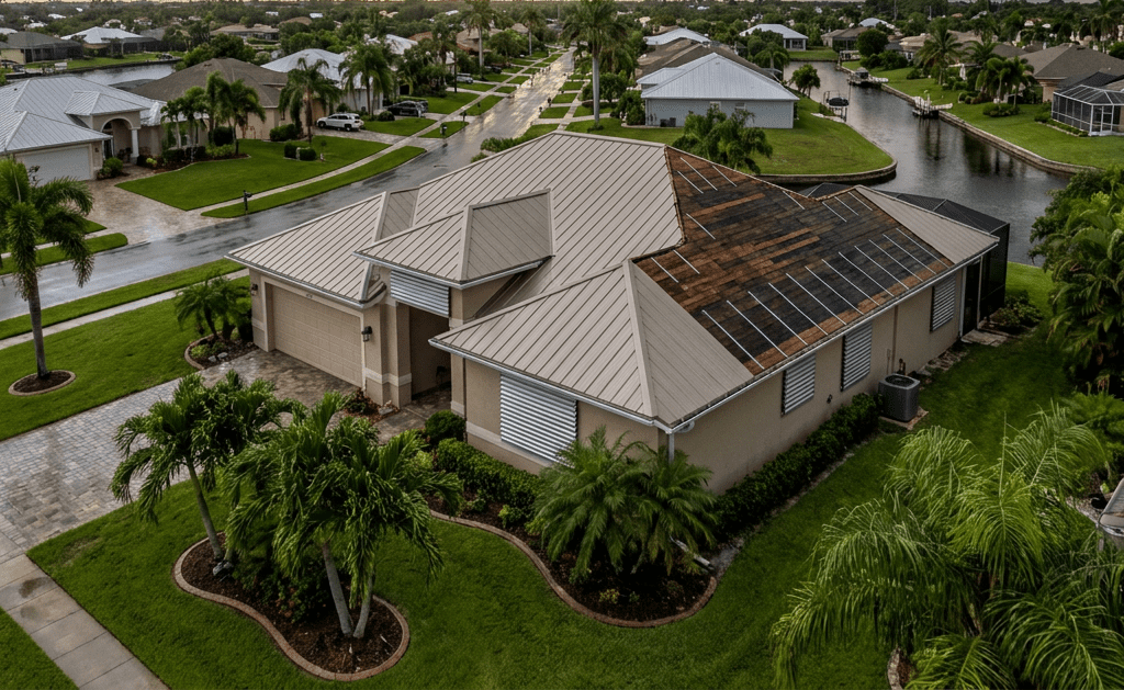 Aerial view of a modern house with a metal roof, part of which is covered with solar panels. The house is surrounded by palm trees, a manicured lawn, and is located near a canal in a residential neighborhood.