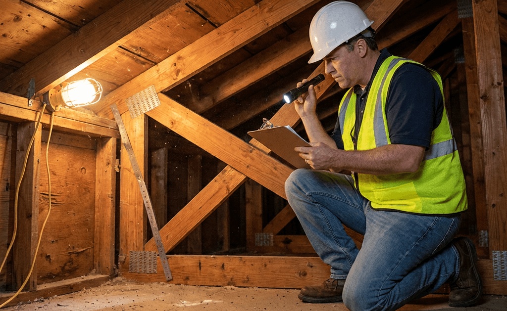 A man wearing a hard hat and reflective vest kneels in an attic, inspecting the wooden structure with a flashlight and writing on a clipboard. An exposed light bulb hangs nearby, illuminating the space.