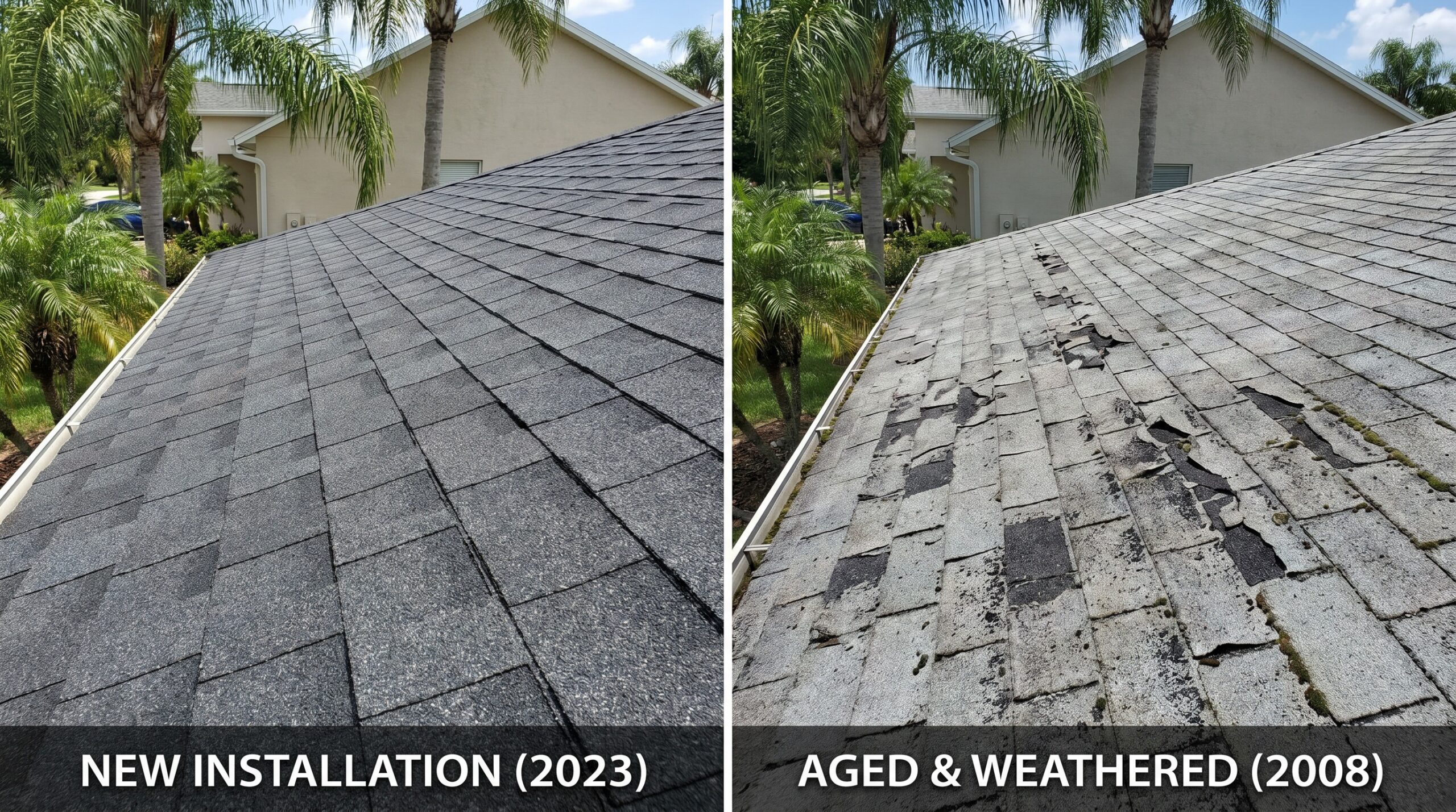 Comparison of new vs aged architectural shingles showing granule loss and weathering in Florida conditions