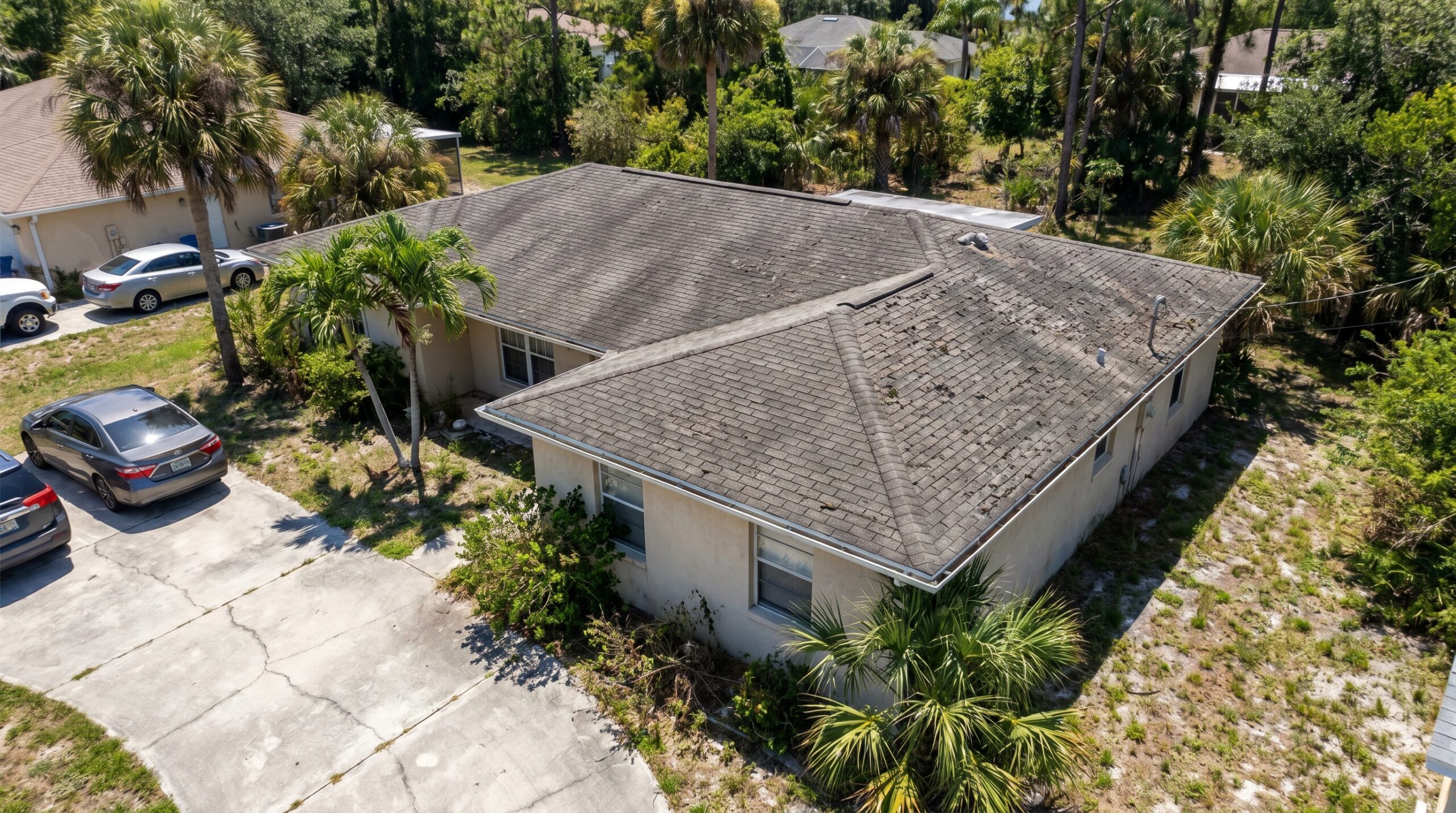 Aerial view of an older, beige, single-story house with a weathered shingle roof, surrounded by overgrown grass, palm trees, and two cars parked in a cracked driveway.