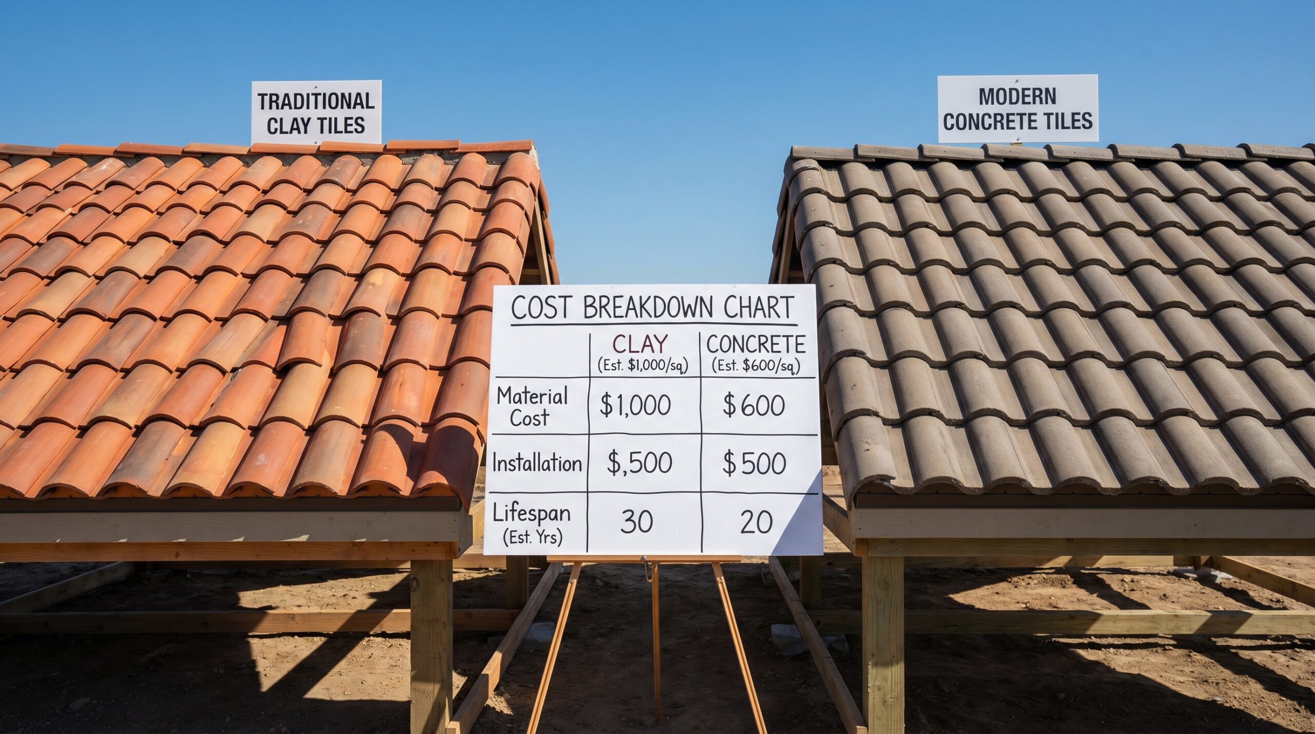 Side-by-side comparison showing clay and concrete barrel tiles with cost breakdown chart