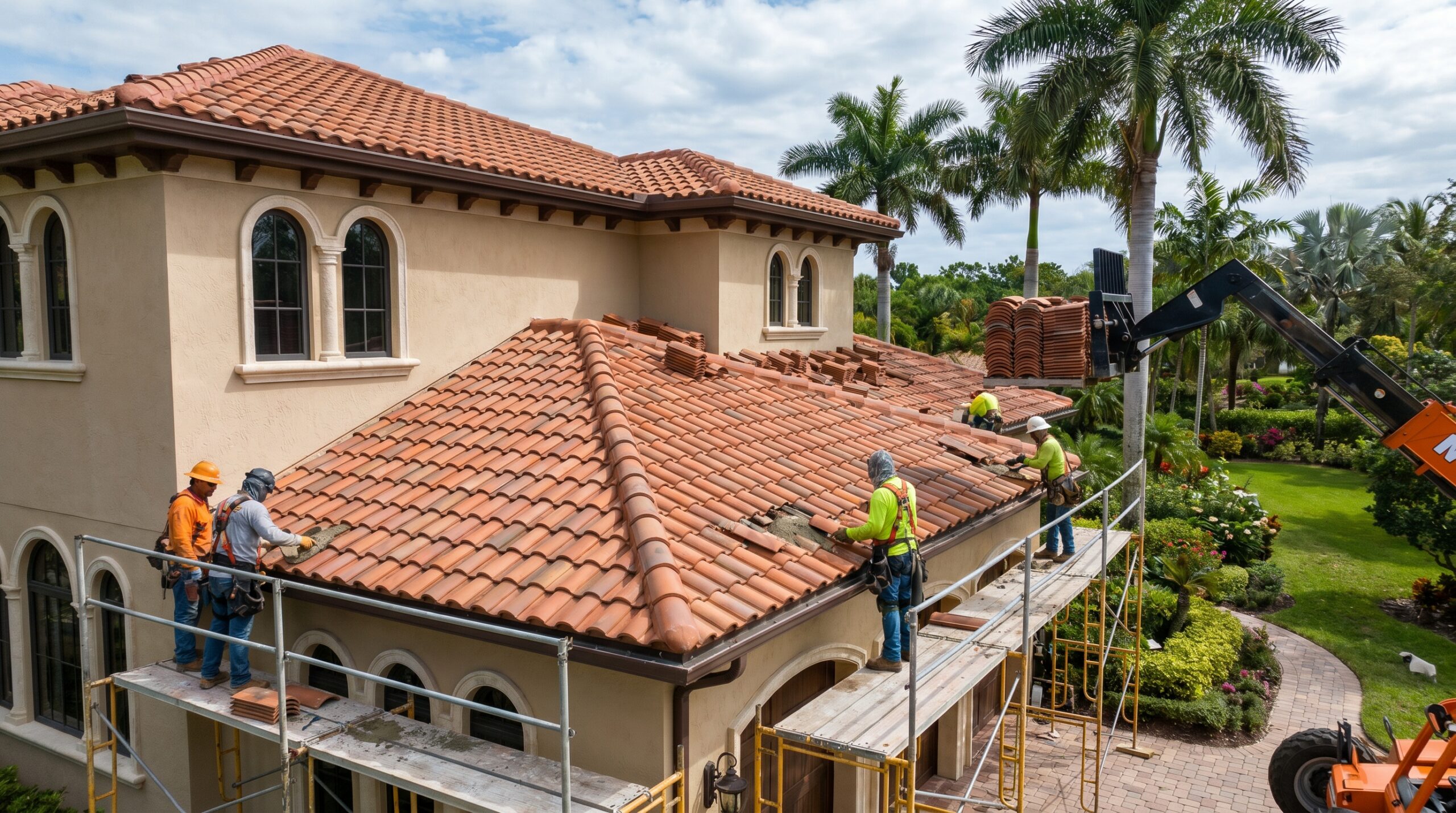 Four construction workers on scaffolding install red clay tiles on the roof of a large beige house, surrounded by lush landscaping and palm trees under a partly cloudy sky.